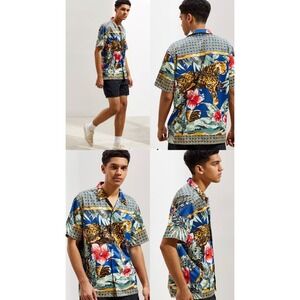 Urban Outfitters Mens XL Leopard Tropical Floral Button Down Shirt Blue OB989756